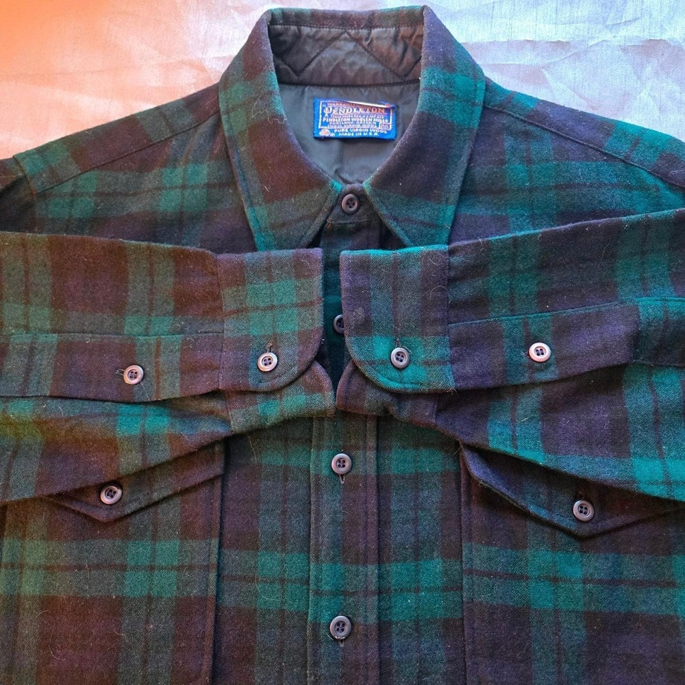 Vtg 60's Pendleton Black‎ Watch Tartan Wool Shirt Men 15.5 Black Green Plaid USA